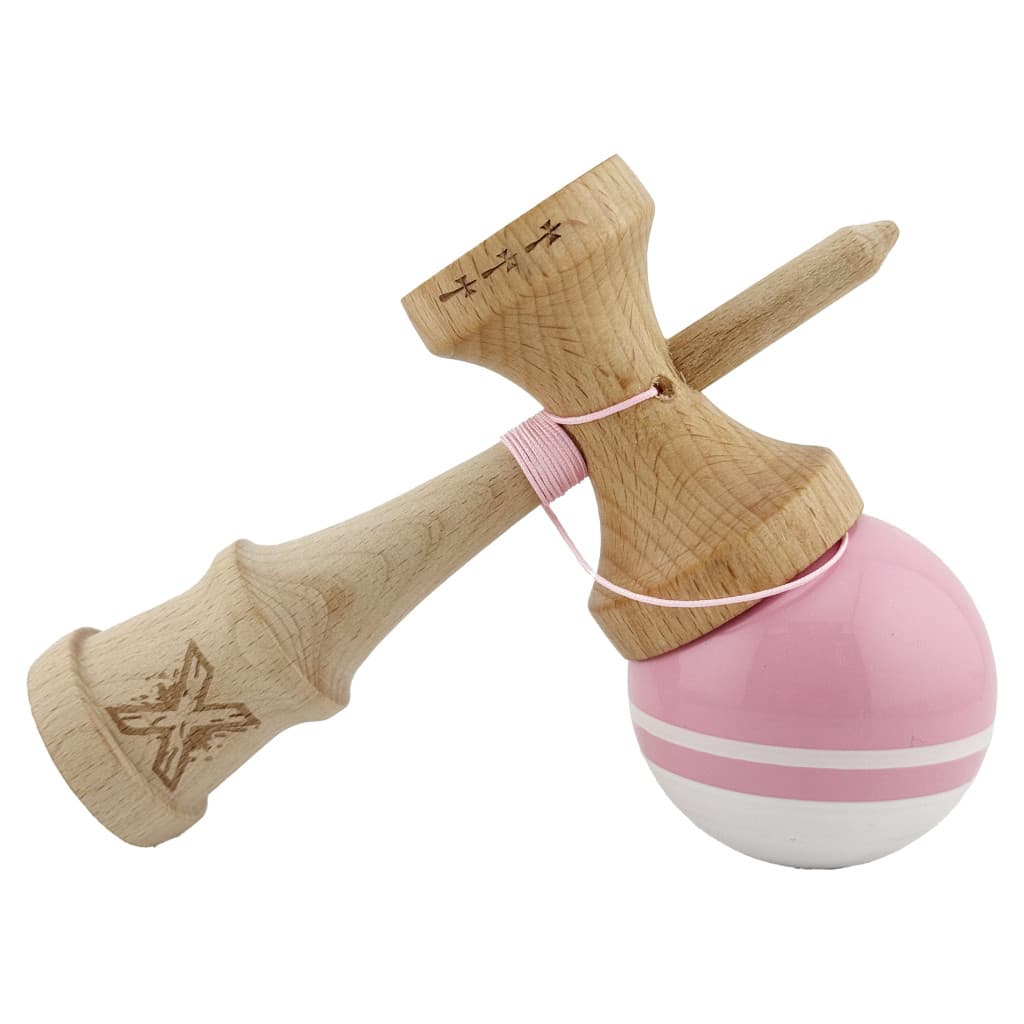 Jucarie lemn Kendama X, Super Sticky, cupe mari V2, gaura in basecup, rulment, ata rezerva, roz/alb — 4