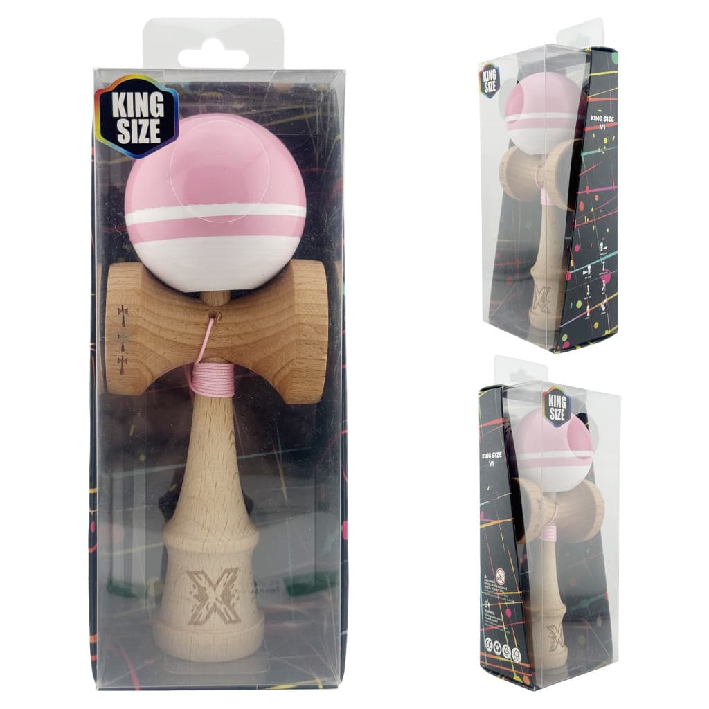 Jucarie lemn Kendama X, Super Sticky, cupe mari V2, gaura in basecup, rulment, ata rezerva, roz/alb — 5