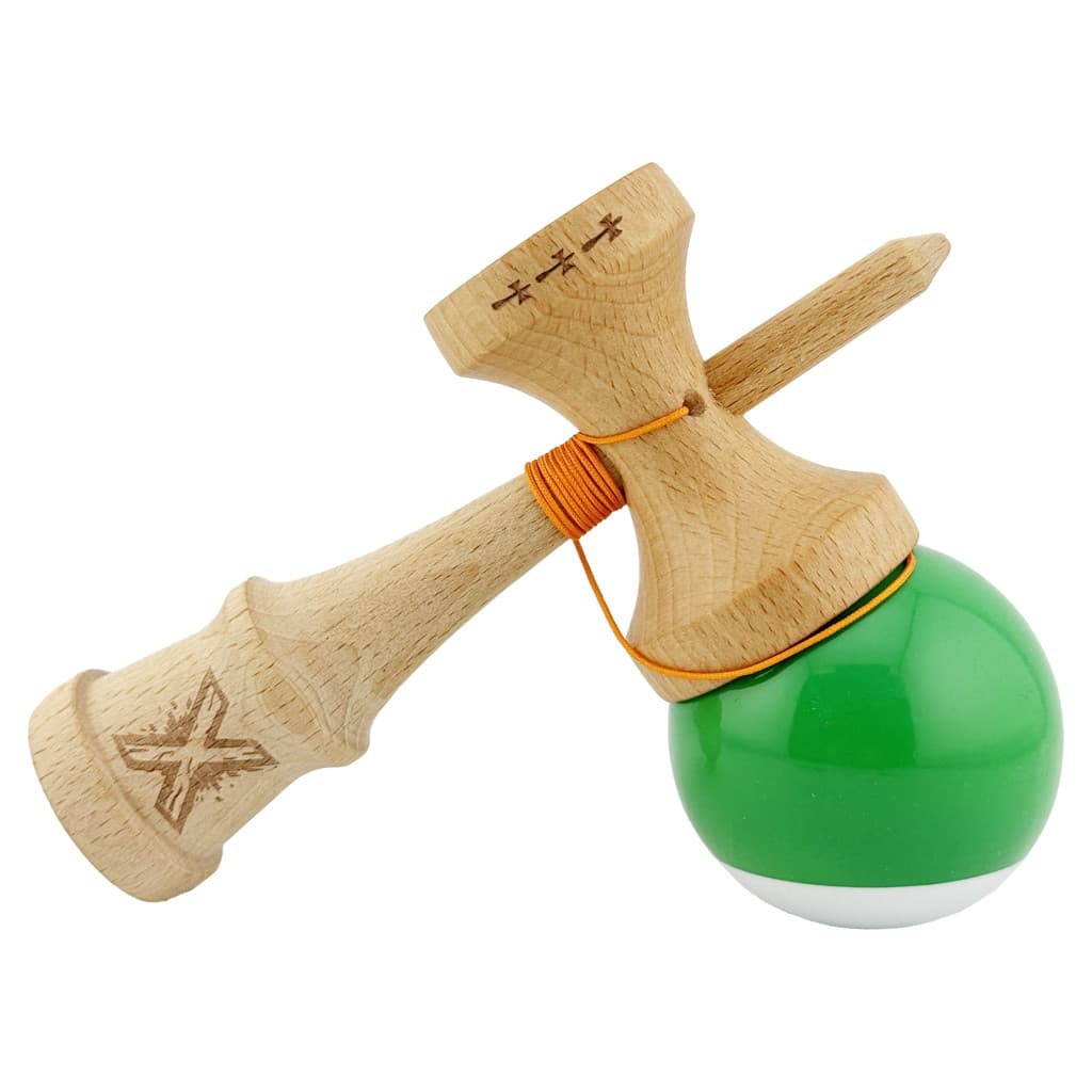 Jucarie lemn Kendama X, Super Sticky, cupe mari V2, gaura in basecup, rulment, ata rezerva, verde/alb — 4
