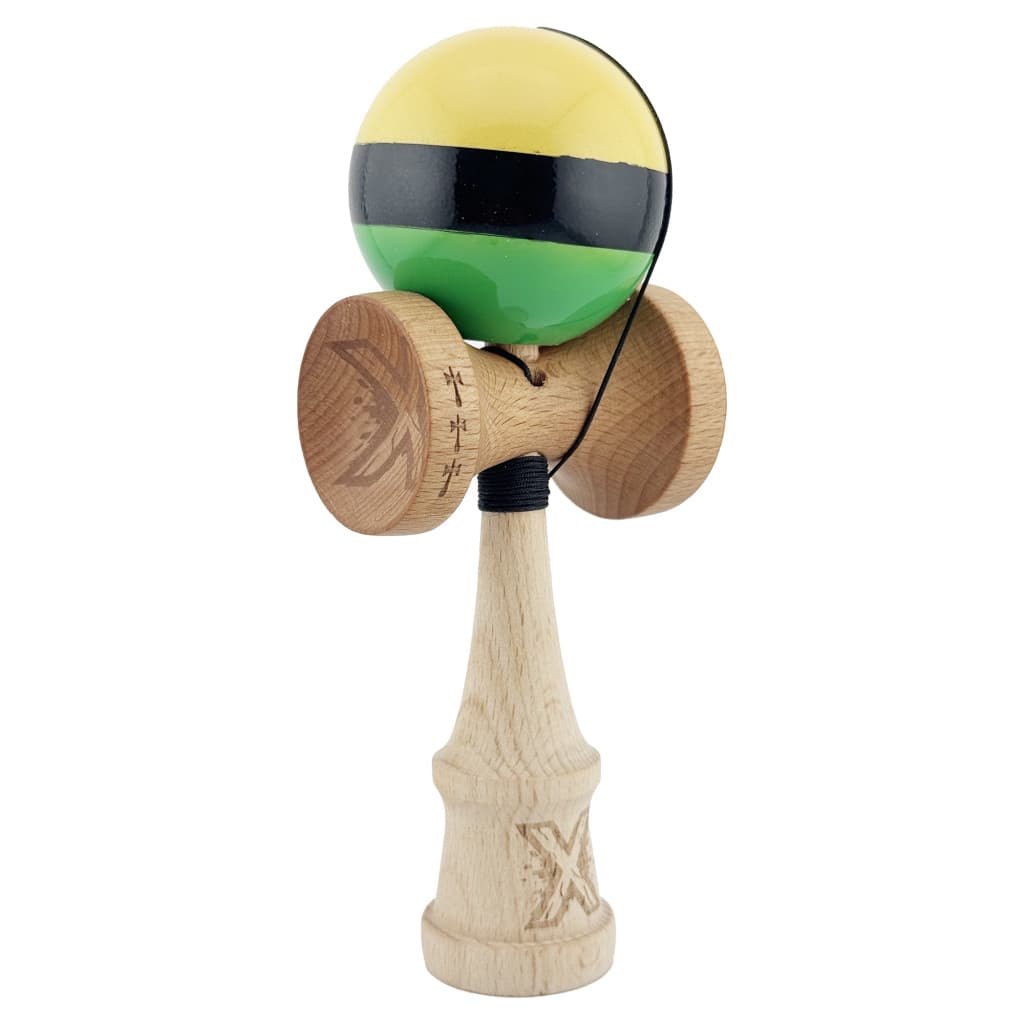 Jucarie lemn Kendama X, Super Sticky, cupe mari V2, gaura in basecup, rulment, ata rezerva, galben/negru/verde — 2