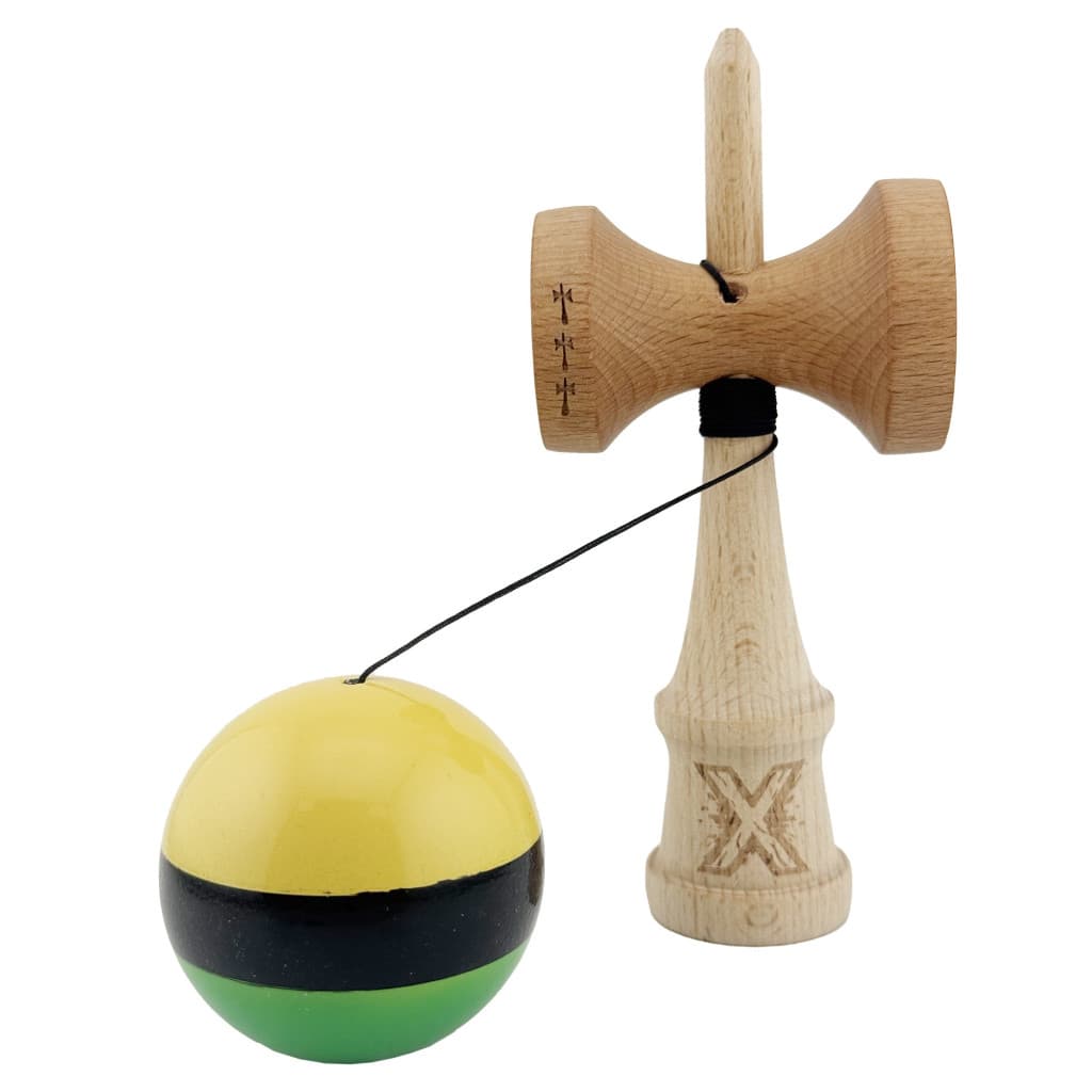 Jucarie lemn Kendama X, Super Sticky, cupe mari V2, gaura in basecup, rulment, ata rezerva, galben/negru/verde — 3