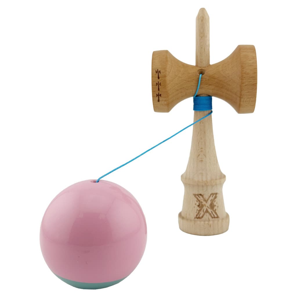 Jucarie lemn Kendama X, Super Sticky, cupe mari V2, gaura in basecup, rulment, ata rezerva, roz/verde — 3