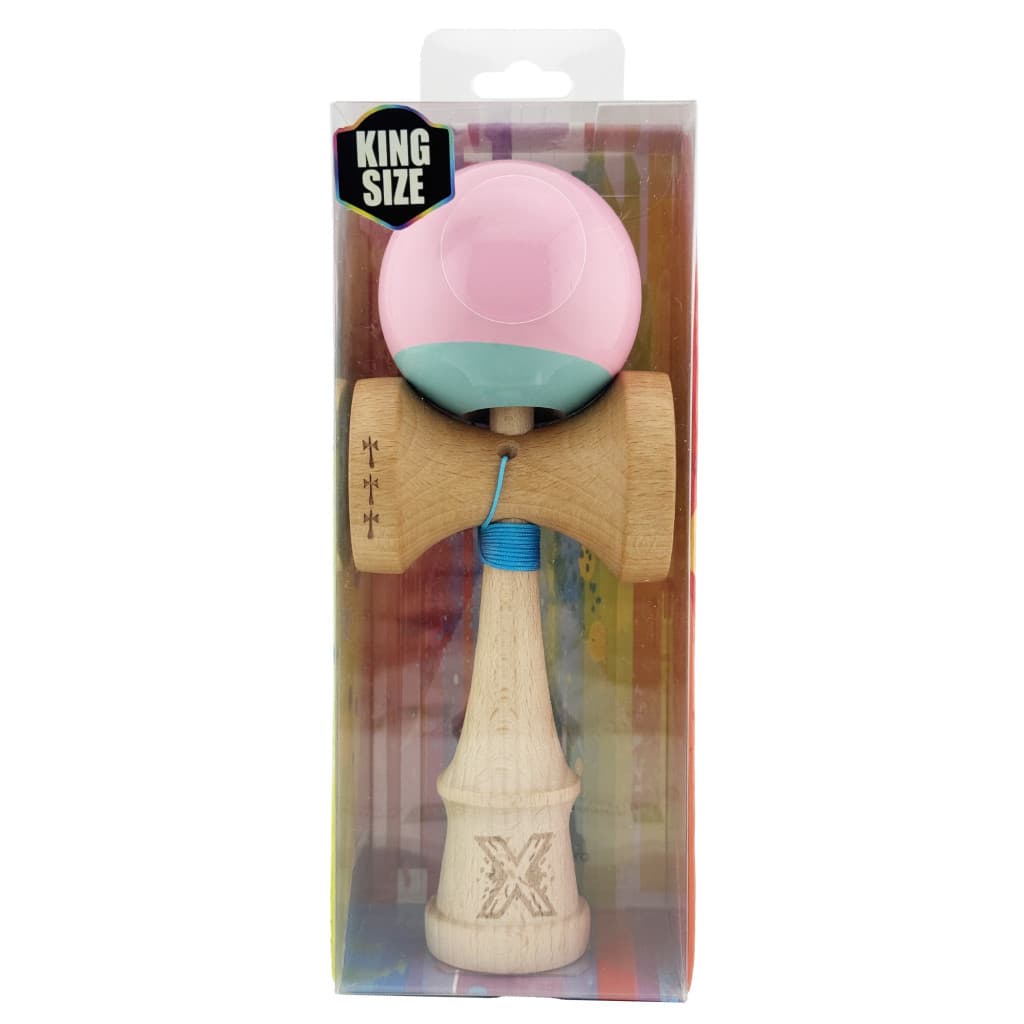Jucarie lemn Kendama X, Super Sticky, cupe mari V2, gaura in basecup, rulment, ata rezerva, roz/verde — 5