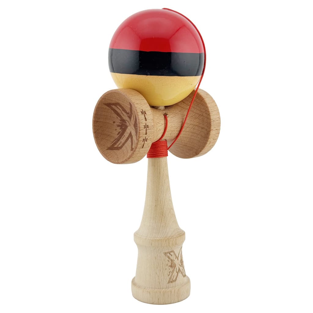 Jucarie lemn Kendama X, Super Sticky, cupe mari V2, gaura in basecup, rulment, ata rezerva, rosu/negru/galben — 2