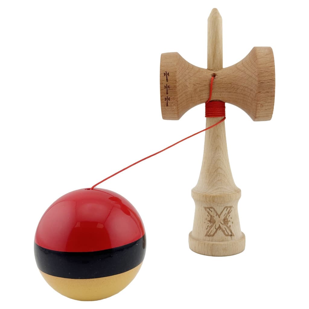 Jucarie lemn Kendama X, Super Sticky, cupe mari V2, gaura in basecup, rulment, ata rezerva, rosu/negru/galben — 3