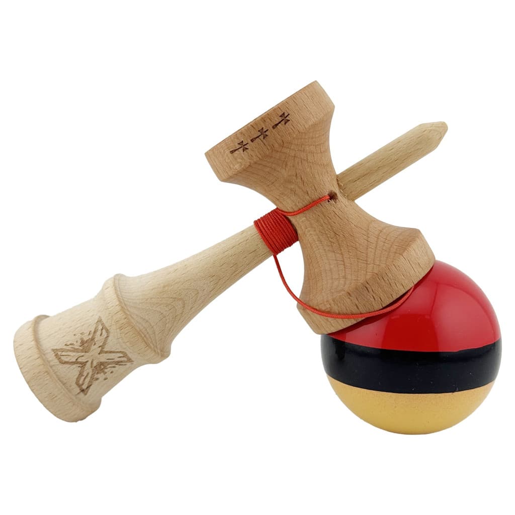 Jucarie lemn Kendama X, Super Sticky, cupe mari V2, gaura in basecup, rulment, ata rezerva, rosu/negru/galben — 4