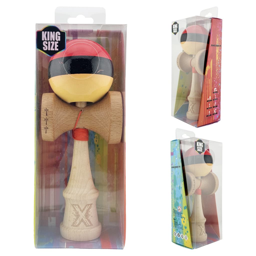 Jucarie lemn Kendama X, Super Sticky, cupe mari V2, gaura in basecup, rulment, ata rezerva, rosu/negru/galben — 5