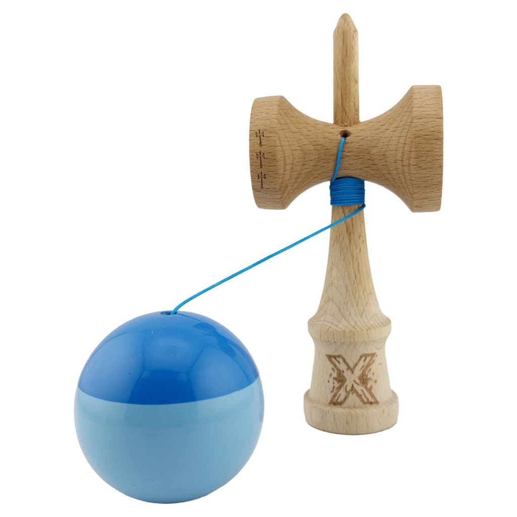 Jucarie lemn Kendama X, Super Sticky, cupe mari V2, gaura in basecup, rulment, ata rezerva, albastru/bleu — 3