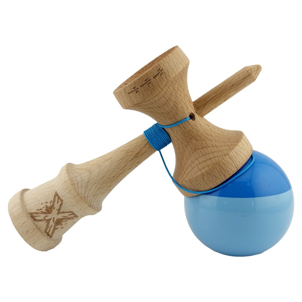 Jucarie lemn Kendama X, Super Sticky, cupe mari V2, gaura in basecup, rulment, ata rezerva, albastru/bleu — 4