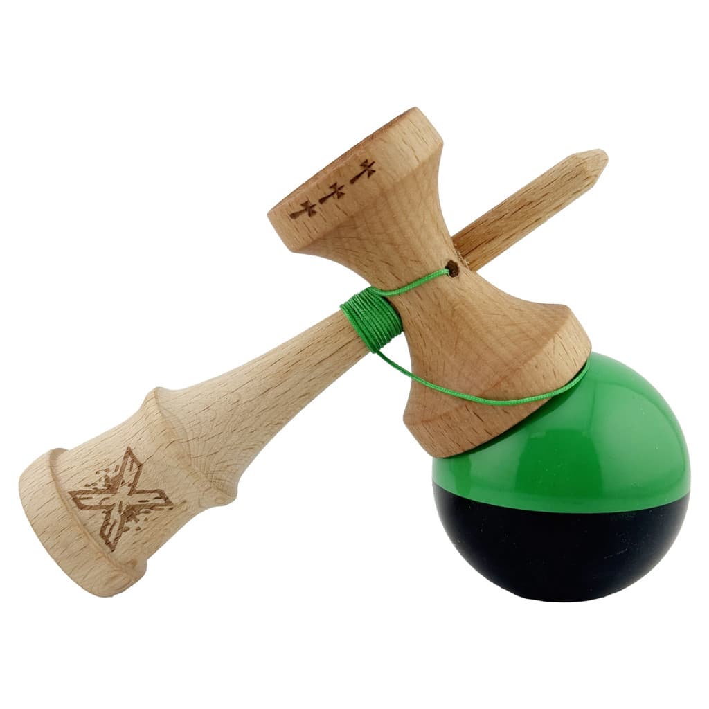 Jucarie lemn Kendama X, Super Sticky, cupe mari V2, gaura in basecup, rulment, ata rezerva, verde/negru — 2