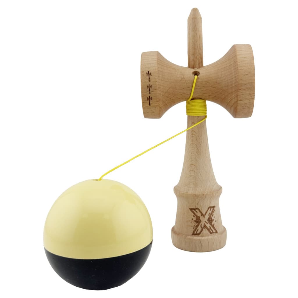 Jucarie lemn Kendama X, Super Sticky, cupe mari V2, gaura in basecup, rulment, ata rezerva, galben/negru — 3