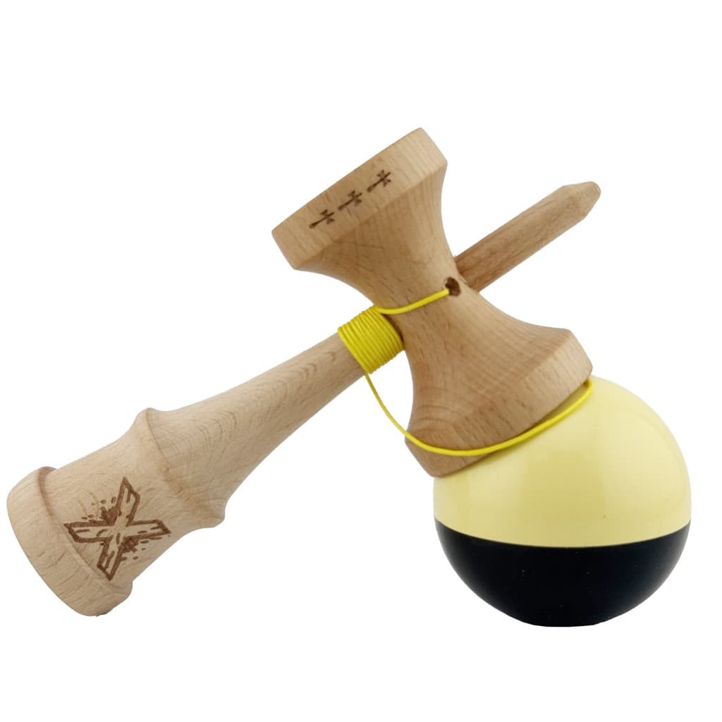Jucarie lemn Kendama X, Super Sticky, cupe mari V2, gaura in basecup, rulment, ata rezerva, galben/negru — 4