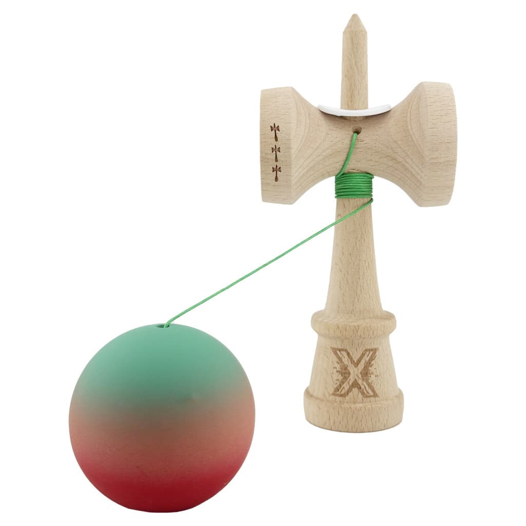 Jucarie lemn Kendama X, Rubber Grip, cupe mari V3, gaura in basecup, rulment, ata rezerva, verde/roz/rosu — 3