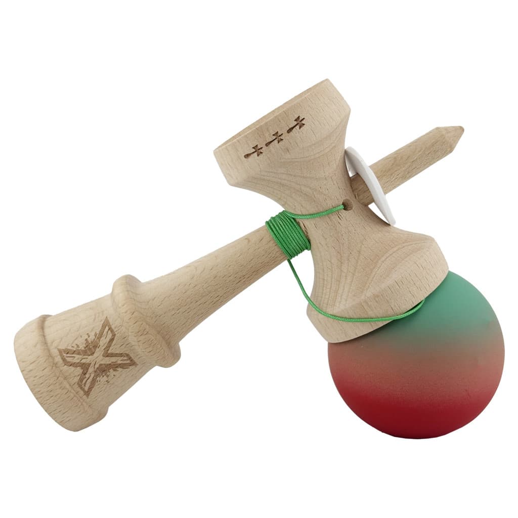 Jucarie lemn Kendama X, Rubber Grip, cupe mari V3, gaura in basecup, rulment, ata rezerva, verde/roz/rosu — 4
