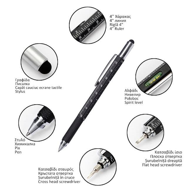 Unealta multifunctionala 6 in 1 (pix, surubelnita dreapta si in cruce, nivela, rigla, stylus ecran), 15 cm, neagra — 2