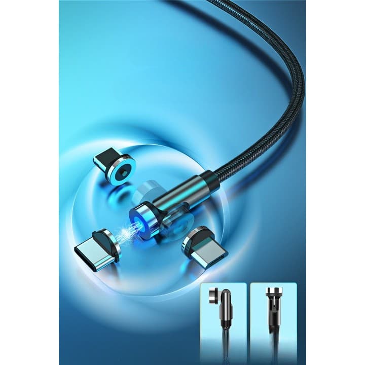 Cablu de incarcare magnetic 3 in 1 360 grade + 180 grade, 1 m, micro, type C, iPhone, 5 V, 2.1 A, Negru — 2