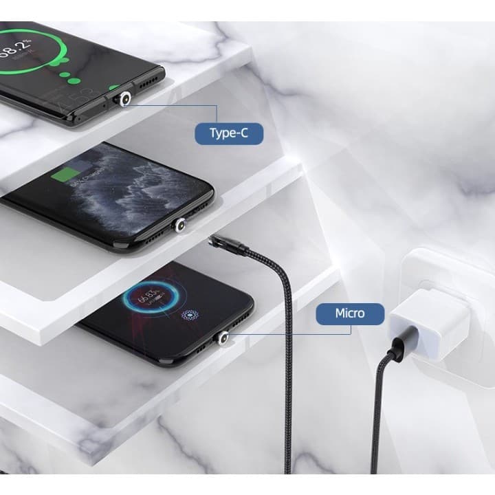 Cablu de incarcare magnetic 3 in 1 360 grade + 180 grade, 1 m, micro, type C, iPhone, 5 V, 2.1 A, Negru — 5